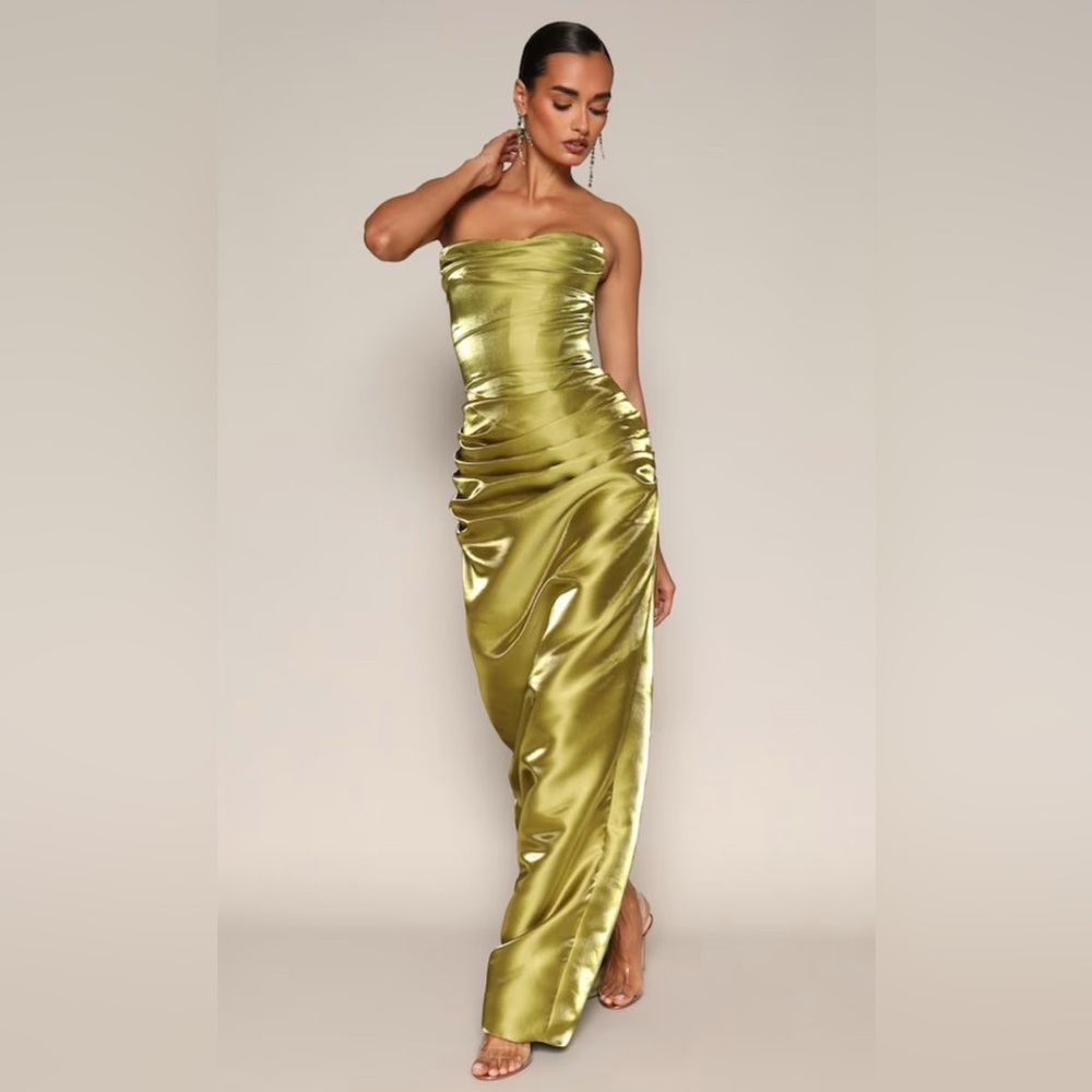 Wolf & Badger Strapless Satin Maxi Dress - Gold - Picture 2 of 4